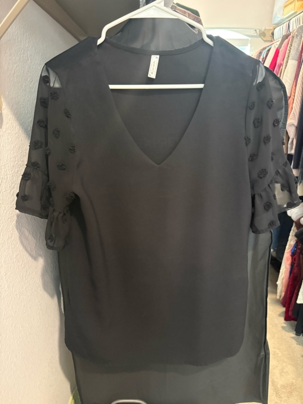 Black V-Neck Sheer Sleeve Women's Top